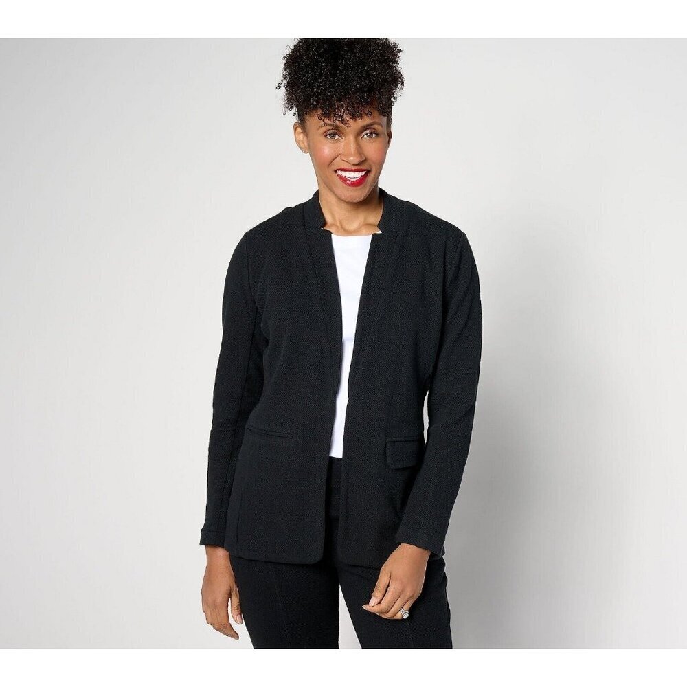 zuda Textured Ponte Blazer with Notched Collar Black,2X